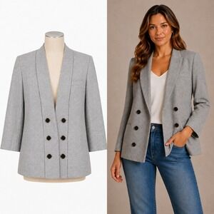 J. Gallery Petite Blazer Women 7/8 Gray Herringbone Double Breasted Shawl Collar